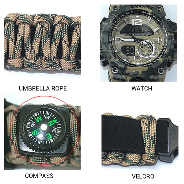 Camping Overlevelsesur Multifunktion Kompas Fløjte Paracord Armbånd