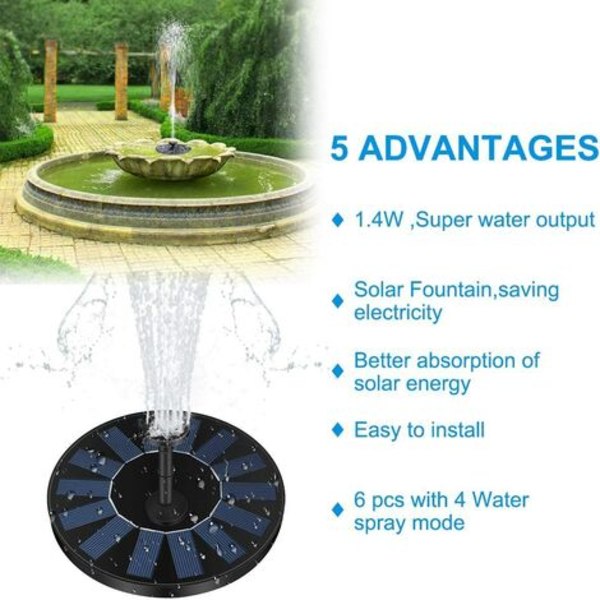 Solenergi fontenepumpe, 1,4W 150L/t solenergivannpumpe (maks. 70CM) + 6 dyser, minisolpumpe for dekorativ hagedammen