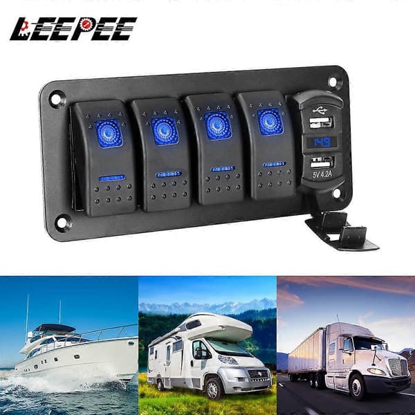 24V 12V bryterpanel 4 knapper lysbryter USB-ladere 3.0 adapter voltmeter tester tilbehør for bil marine båt campingvogn bobil Red