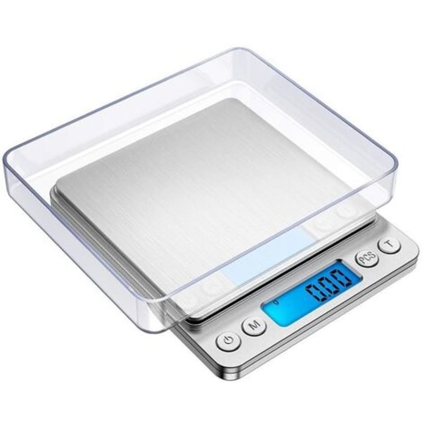 Tarkkuusvaaka, 500 g/0,01 g, 0,01 g tarkkuusvaaka, keittiövaaka taara- ja laskentatoiminnolla, taustavalaistu LCD-näyttö (hopea)