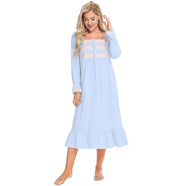 Victoriansk natkjole, langærmet bomulds-søvnskjorte XL Light blue