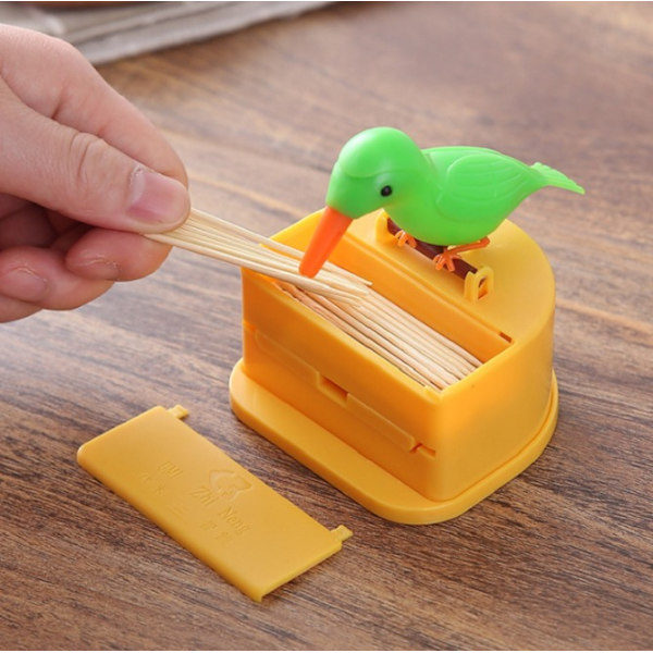 Grön fågel gul botten automatisk pop-up fågel tandpetare burk smart fågel peck tandpetare box typ tryck smart tandpetare burk