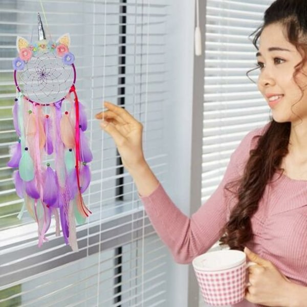 PCS Unicorn Dream Catcher - DIY Dream Catcher tytöille - Huonekoristeet, kukkahöyhenen seinään kiinnitettävä unesieppari, K