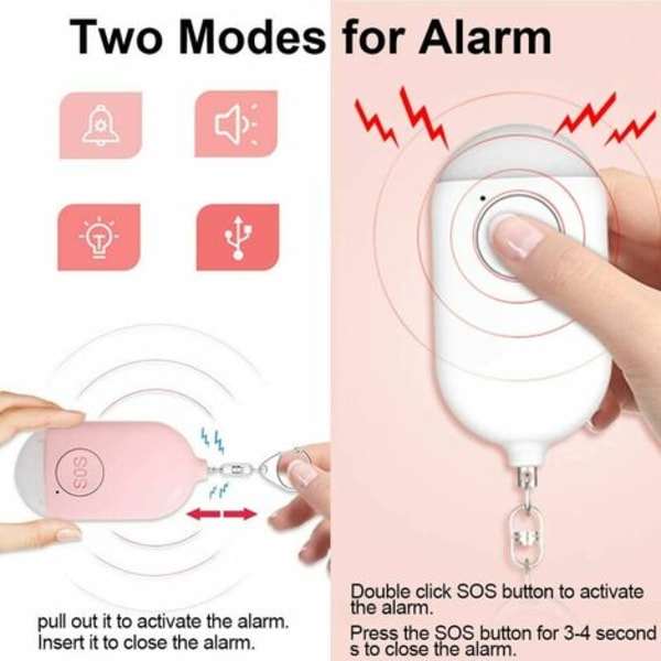 Personlig alarm 130 dB USB Oppladbar med LED-lommelykt Vanntett funksjon Selvforsvar for personlig sikkerhet kvinner,