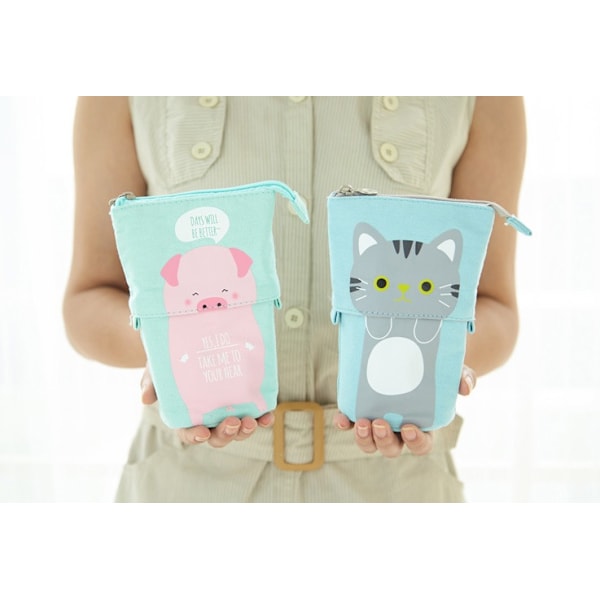 Creative uttrekkbar pennholder Cute Canvas multifunksjonelt blyantveske (rosa gris)