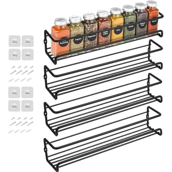 Sæt med 4 metal krydderihylder Vægmonteret med klæbemiddel eller påskruning, sort