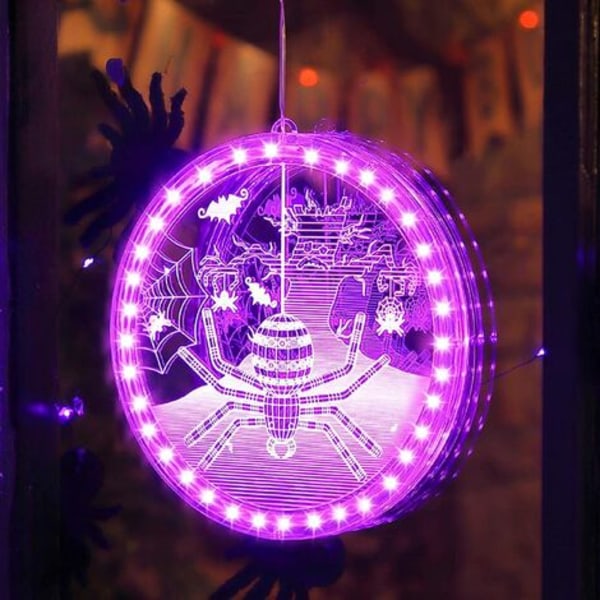 Halloween hängande fönsterlampor, 3D-spindel rund batteridriven lila lampa med sugkopp för dörrvägg Vitrine B