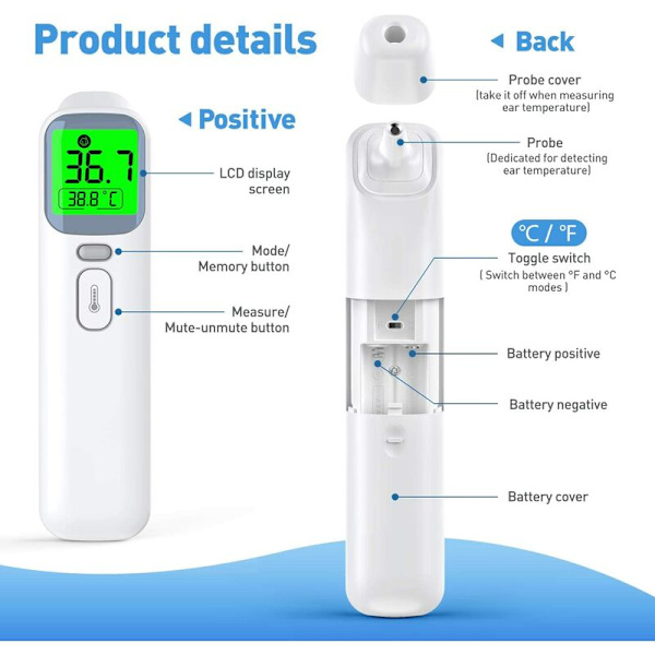 3 i 1 infrarød pande, 4 farver bagbelyst digitalt display, berøringsfrit pandetermometer med feberalarm, voksentermometer med hukommelsesfunktion,