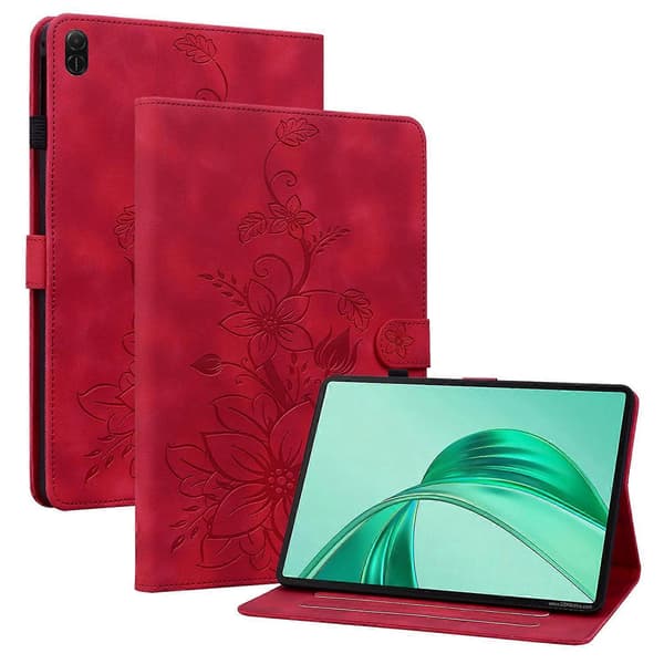 Til Honor Pad X8a Etui Liljeblomst Præg Kortpladser Læder Tablet Cover-Rød Multicolor Red