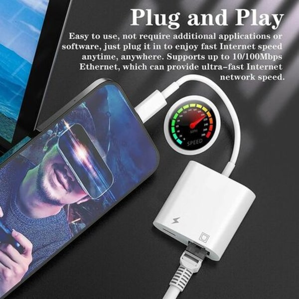 2 i 1 RJ45 Ethernet LAN Ethernet-adapter med opladningsport, kompatibel med iPhone/iPad/iPod, understøtter alle iOS / 10/100