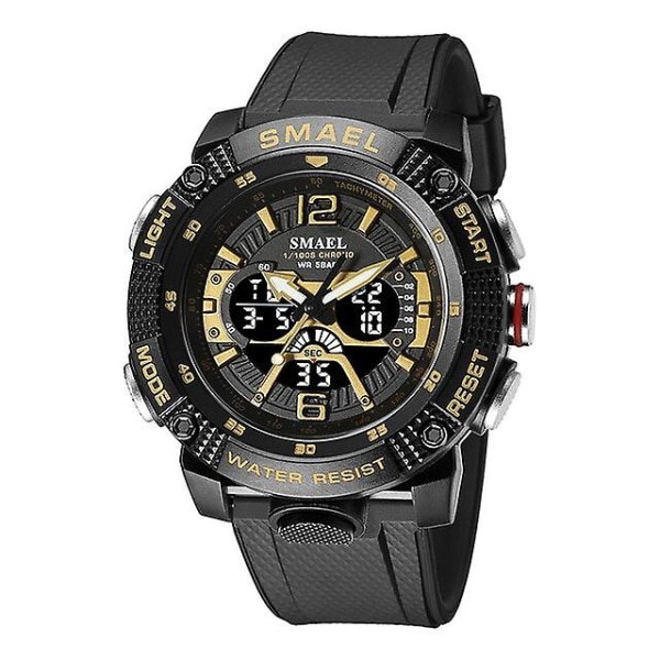 2023 Nya Sportklockor Herr Smael Vattentät Analog Digital Quartz Armbandsur Man Mode Stoppur Alarm Clock 8058 Man Watch Black Gold