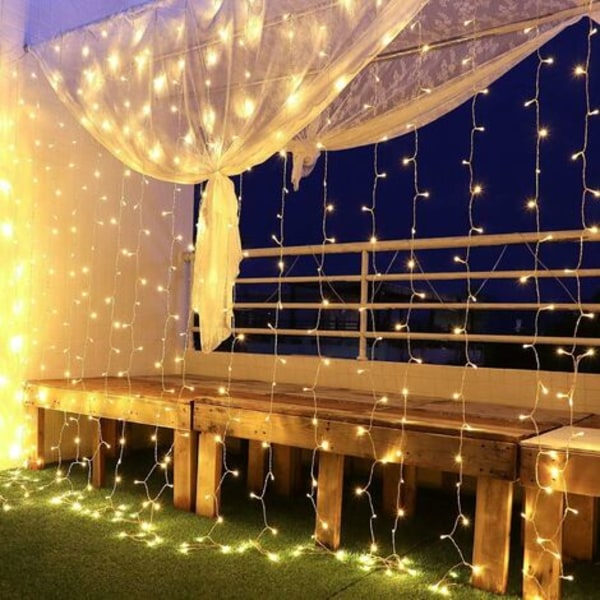 Gardinlys, 600 LED-strenglys 6mx3m, 8 lysmoduser, lavspenning 31V, vindusdekorasjon, jul, bryllup, B