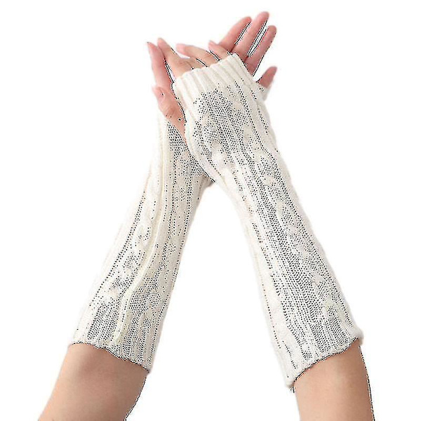 Kvinnors fingerlösa armstickade ullhandskar Vintervärmare handledsvantar White