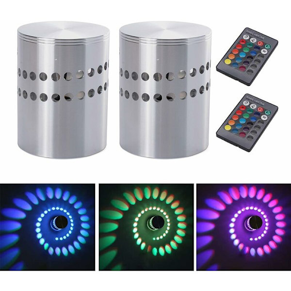 2 stk 3W innendørs vegglampe aluminium LED RGB spirallampe Fargerikt dimbart lys med fjernkontroll LED downlight moderne