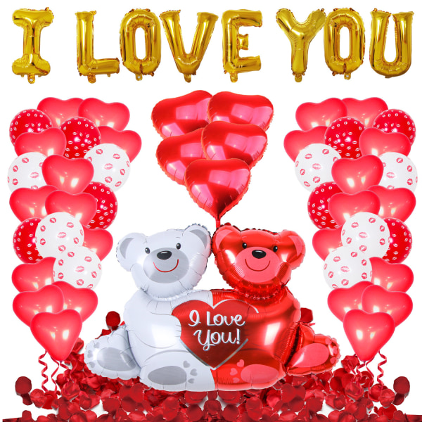 Trykte kjærlighetsballonger, kjærlighetsklem bjørnebekjennelsesdekorasjon, valentinbekjennelsesballonger (Valentine klem bjørnerosesett 3),