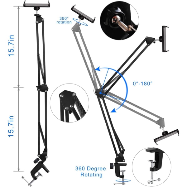 Stativ för tablettarm, Nintendo Switch-ställ med robust aluminiumarm för iPad, iPad air, iPhoneX, iPhone 8/7, Samsung Galaxy