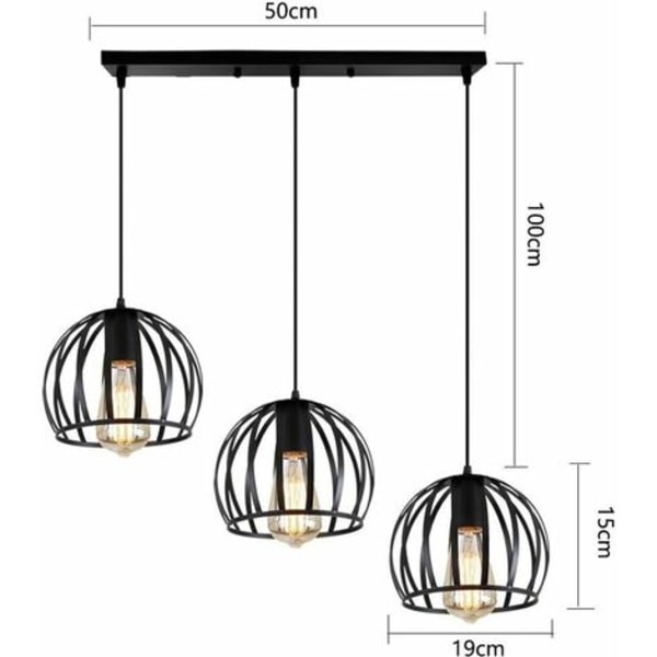 Industrielt design pendel i form af et metalbur, lysekrone med 3 lampeskærme til stue, soveværelse, spisestue