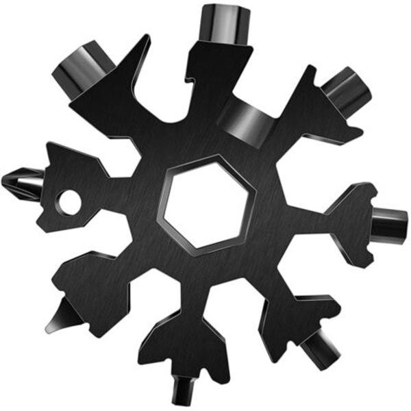 1 pakke 18 i 1 snøfnugg multiverktøy i rustfritt stål med karabinkrok, nøkkelring og oppbevaringspose (svart)，Fonepro