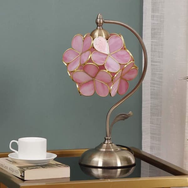 Bordlampe i Tiffany-stil med glasblomster og messingfod - Elegant skrivebordslampe