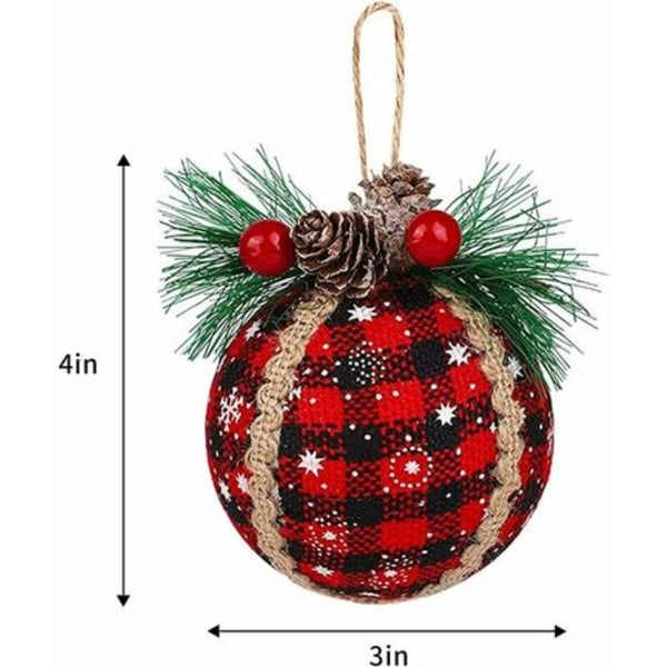 9 st plädade julbollsprydnader - 3 tums svarta och röda buffelplädade tygprydnader med kottar och grönt