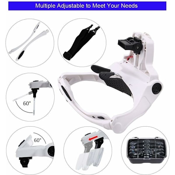 Headset Fem multiplikator Dobbelt LED-forstørrelsesglas Håndfrit forstørrelsesapparat Headset til syning, læsning, reparation, smykker, W