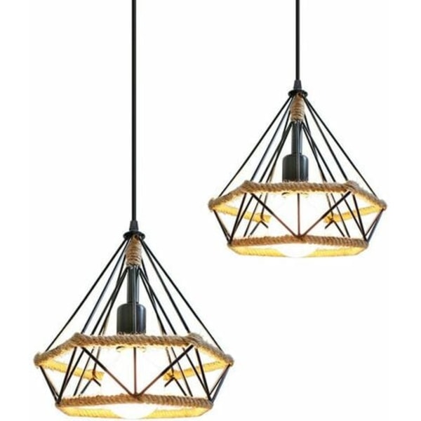Sett med 2 Retro diamantburdesignoppheng med hampetau, moderne industriell stil metalllysekrone, E27 vintage tak