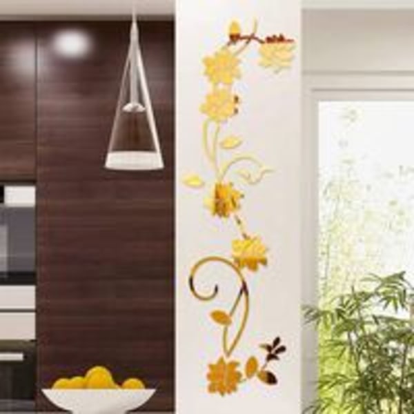 Flower Vine Akryl speil veggklistremerker, elegant speilinnstilling veggklistremerke, klebrig veggspeil veggdekor for hjemmet stue soverom dekor, gull