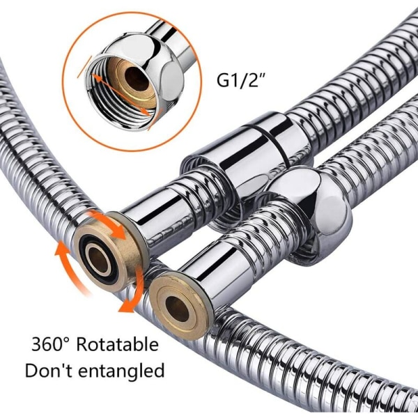 Universal dusjslange (G1/2 tommer, 1,5 m), anti-knekk og anti-vri dusjslange, rustfritt stål/krom