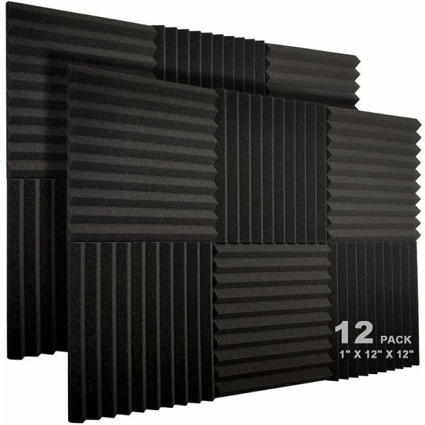 12-pack akustiska paneler 10 platser 1 x 12 x 12 tum Akustiskt skum Studio Ljuddämpande kilar Brandklassade högdensitetspaneler (svart),