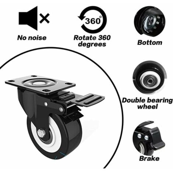 50 mm hjul med bremse, 4 drejelige hjul til møbler/transport, møbelhjul, tunge hjul, total belastning ca.