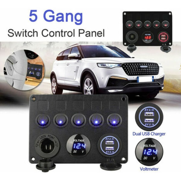 5 Gangs vippebryterpanel, Dobbel USB-uttak 12V Lader Strømuttak LED Voltmeter for bil, båt, bobil, bobil (blå) -