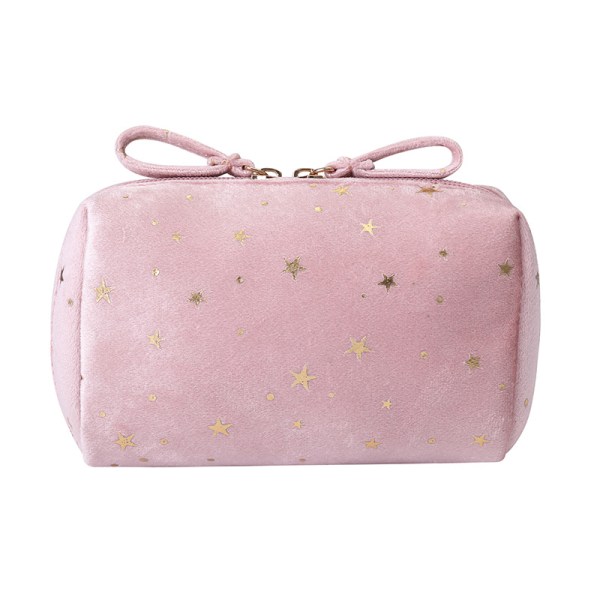 Meikkilaukku Velvet Golden Stars Soft Zipper -kosmetiikkalaukku pink