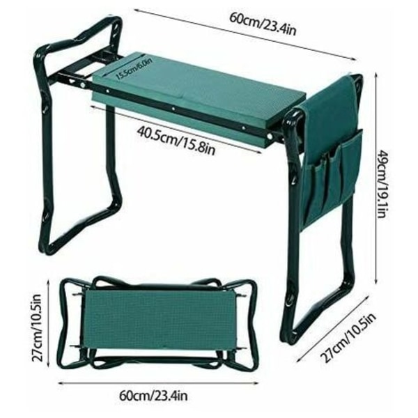 Sammenleggbar hagekrakk, sammenleggbar hageknebenk, sammenleggbar sete-knebenk med 2 arbeidsvesker, grønn – grønn