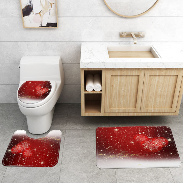 Julelement printed fyra delar toalettgolvmatta set Snowball Vattentät duschdraperi, A02,