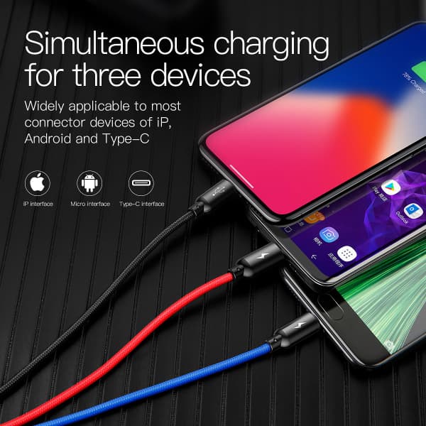 Baseus 3-i-1 multilader, USB-C/Lightning/MicroUSB, 3,5A, 1,2m