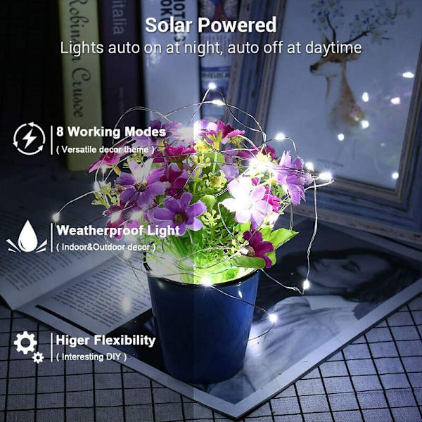 22m 200 lys 8 funksjoner Hvitt lys Solar Kobbertråd Dekorative Solar String Lights Julelys for hagetre