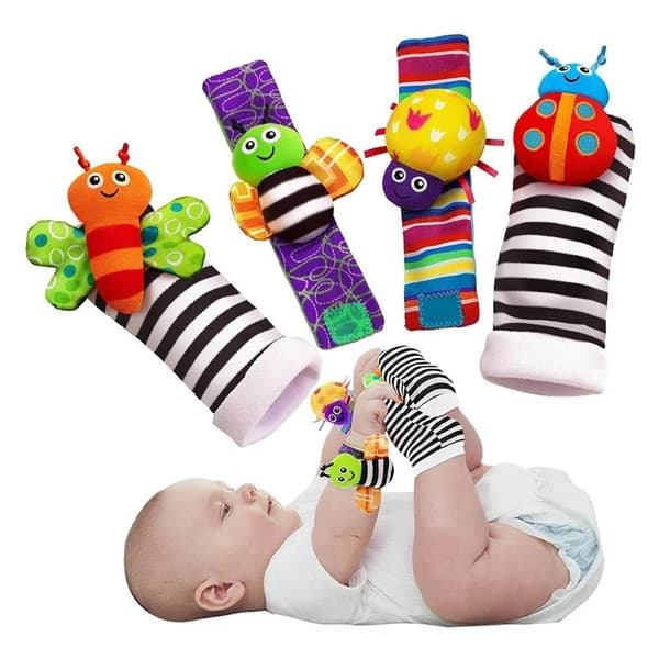 Babyrangleleker Tegneserie Bomullssokker og Håndleddsstropper Spedbarn Tidlig Utdanning Sensoriske Leker Stripe