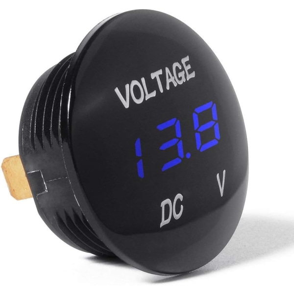 Vanntett voltmeter, rund LED digital display spenningstester for DC 12V-24V bil motorsykkel RV lastebil - blå