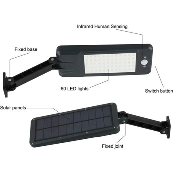 60 LED-solljus utomhus vattentät IP65, fjärrkontroll LED-vägglampa, trådlös solskyddslampa för trädgård, Ga