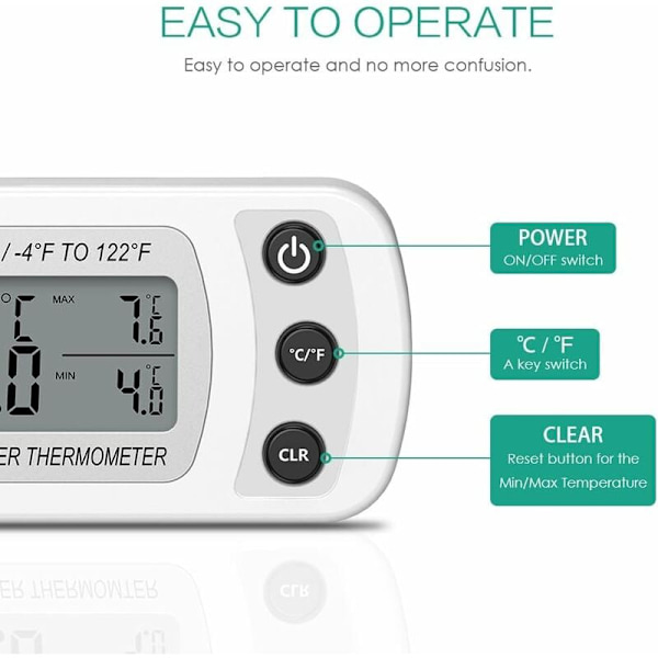 Kjøleskapstermometer LCD-skjerm Digitalt vanntett frysetermometer med magnetkrok Hvitt kjøleskapstermometer (-20~