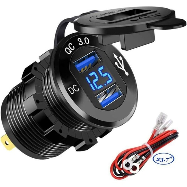 USB Rask billader To QC3.0 USB-porter, 12V/24V 36W Vanntett med LED digitalt voltmeter for motorsykkel, lastebil, båt