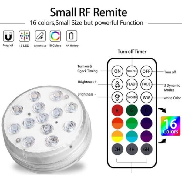 Vanntett nedsenkbart LED-lys, IP68 undervannsbassenglys i flere farger med fjernkontroll badekarlys for Aquariu