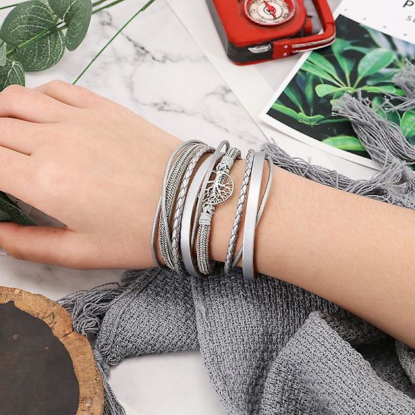 Boho Pearl Tree of Life magneettinen nahkarannekoru silver-2