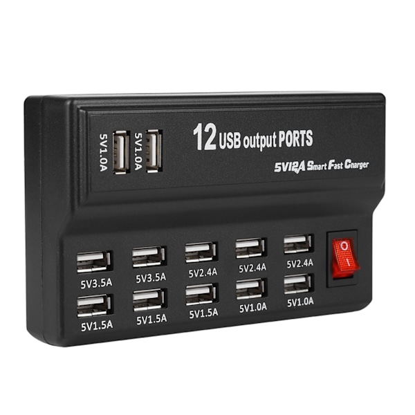 12-ports USB-hub med 5V 10A strømforsyning - Ladestasjon for hjemmet og reiser