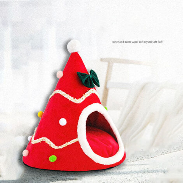 Christmas Cat Hat Cat House Vindtett reir Jul Varm katteseng til vinter Komfortabel kattehusseng，rød