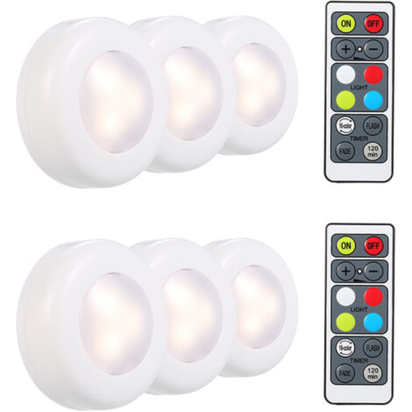 Pyöreä RGB-LED-kaappivalo paristokäyttöisellä ajastinhimmennin-kaukosäätimellä, 6- set - 6-osainen set