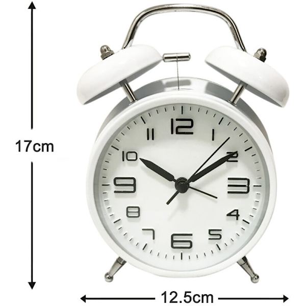 Vit väckarklocka Creative Classic Mute Student Loud Double Bell 3D Digital Ringing Bell,