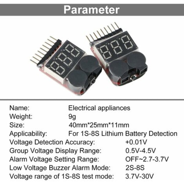 1S-8S batteritester, RC batterialarm Buzzer Lipo Checker med LED for Lipo, Li-ION, Li-Fe batteri Fonepro