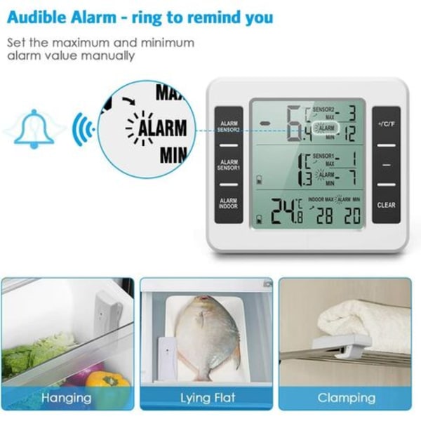 Kjøleskapstermometer, kjøleskapstermometer med frysealarm, trådløst innendørs utendørs termometer med 2 sensorer, MIN