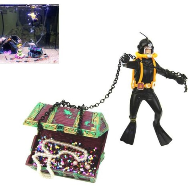 Skattejæger Ornament Akvarium Fisk Action Figur Dykker Undervandsdykker Skattekiste Sort Tank Landskabsindretning